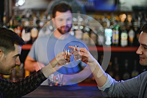 Attractive bartender is smiling and taking order of two men sitting at bar counter in pub