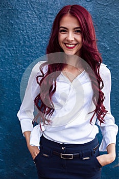 Attractive, beautiful, adorable, stunning, pretty, nice, smiling, happy red-haired girl with beautiful white perfect healthy smile