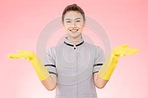 Attractive Beautiful Asian woman maid wearing gloves smile and open palm sign