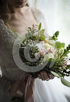 Attractive Beautiful Bride Holding Flowers Bouquet