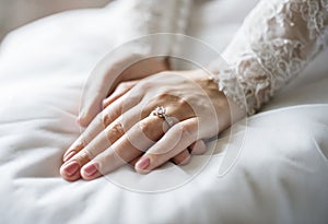 Attractive Beautiful Bride Showing Engagement Wedding Ring on Ha