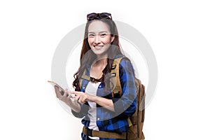 Attractive beautiful travel woman with backpack using mobile to search for tourist attractions isolated on white background.