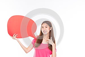 Attractive beautiful young asian woman smile and excited holding empty speech bubble isolated on white background