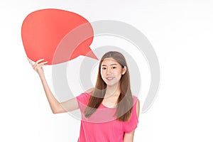 Attractive beautiful young asian woman smile and excited holding empty speech bubble on white background