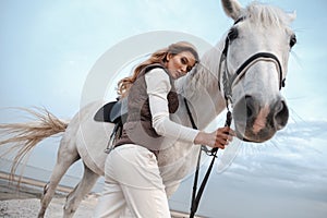 Attractive and beautiful young woman wearing stylish jockey outfit is holding the reins and posing with the white horse