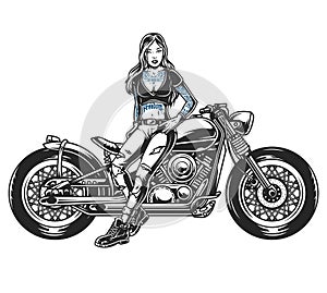 Attractive biker girl standing near motorcycle