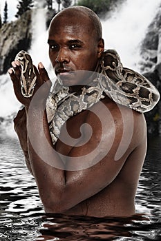 Attractive Black Man with Boa Constrictor Snake