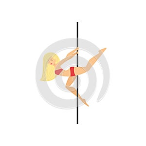 Attractive blond in red bikini making trick around pole