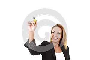 Attractive blond successful businesswoman holding marker writing on transparent board