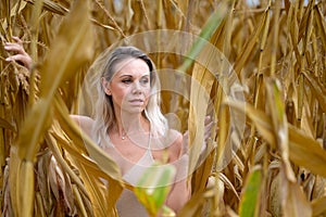 Attractive blond woman wearing a gold dress photo