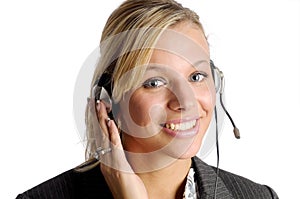 Attractive blonde businesswoman with headphone