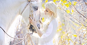 Attractive blonde cutie touching royal horse
