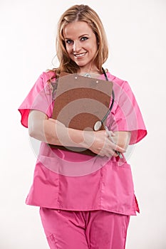 Attractive blonde female caucasian nurse doctor