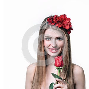 Attractive blonde girl with red rose . isolated on white