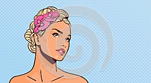 Attractive Blonde Woman Looking Up Portrait Of Beautiful Girl On Pinup Retro Background With Copy Space