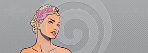 Attractive Blonde Woman Looking Up Portrait Of Beautiful Girl On Pinup Retro Horizontal Banner With Copy Space
