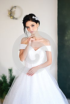 Attractive bride with wedding makeup and fashion hairstyle. Gorgeous young woman in a white dress with jewelry in her hair