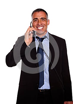 Attractive broker laughing on phone