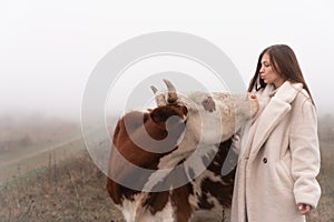 Attractive brunette girl in white coat blows a kiss to a cow, meadow in fog on the background