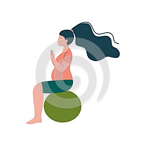 Attractive Brunette Pregnant Woman Doing Fitness Exercise with Fitball, Happy Pregnancy, Maternal Health Care Vector