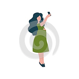 Attractive Brunette Pregnant Woman in Green Dress Making Selfie Photo, Happy Pregnancy, Maternal Health Care Vector