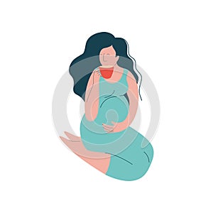 Attractive Brunette Pregnant Woman Sitting on Floor and Drinking Tea, Happy Pregnancy, Maternal Health Care Vector