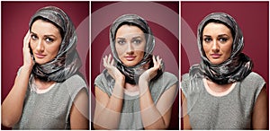 Attractive brunette woman in gray blouse and headscarf posing dramatic on purple background. Female art portrait, studio shot