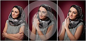 Attractive brunette woman in gray blouse and headscarf posing dramatic on purple background. Female art portrait, studio shot