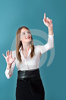 Attractive Brunette Woman Pressing Virtual Button