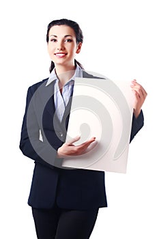 Attractive business woman with empty paper sheet