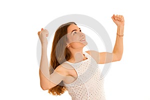 Attractive business woman gesture success with arms up isolated