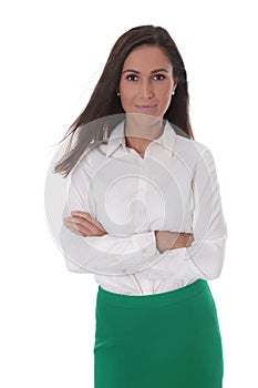 Attractive business woman isolated over white wearing bl