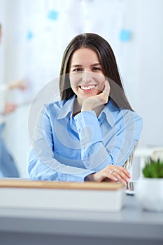 Attractive business woman working on laptop at office. Business people