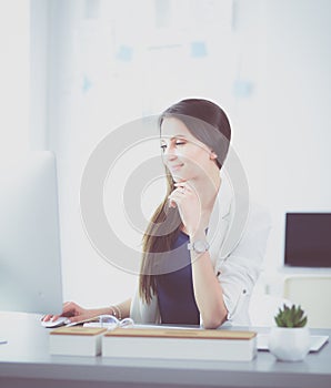 Attractive business woman working on laptop at office. Business people