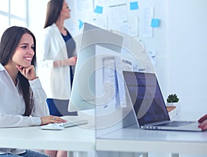 Attractive business woman working on laptop at office. Business people