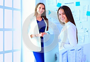 Attractive business woman working on laptop at office. Business people