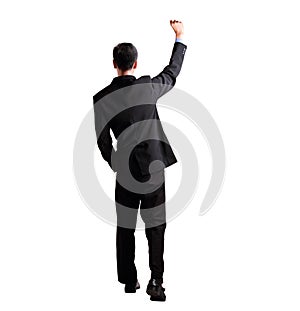 Attractive businessman show success and hand up