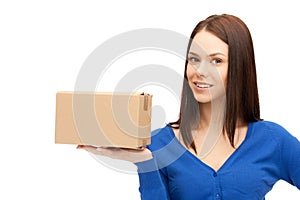 Attractive businesswoman with cardboard box