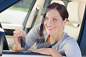 Attractive businesswoman in new car showing keys