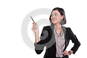 Attractive businesswoman presentation gestures, on whit