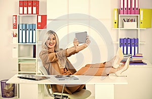 attractive businesswoman using digital tablet. smiling designer student. freelancer business woman with tablet computer