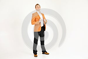 Attractive caucasian adult male wearing orange jacket