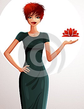 Attractive Caucasian standing red-haired girl showing at empty copy space with her hand, colorful illustration. woman