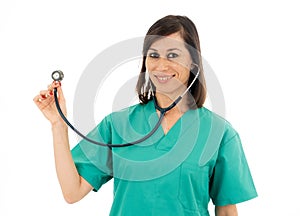 Attractive caucasian woman doctor or nurse with stethoscope isolated over white background