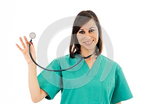 Attractive caucasian woman doctor or nurse with stethoscope isolated over white background