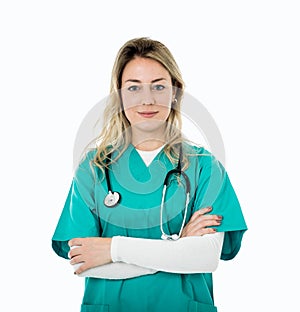 Attractive caucasian woman doctor or nurse with stethoscope isolated over white background