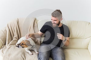 Attractive cheerful Caucasian male in casual t shirt sitting on couch favourite pet. Happy bearded man with his jack