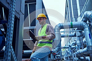 attractive concentrated technician in safety vest