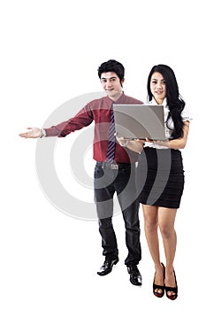 Attractive couple giving presentation