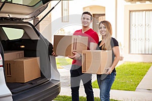 Attractive couple moving in